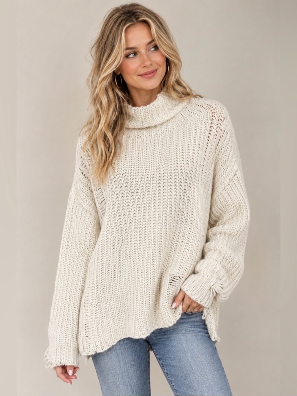 Umgee Cream Turtleneck Oversized Knit Sweater